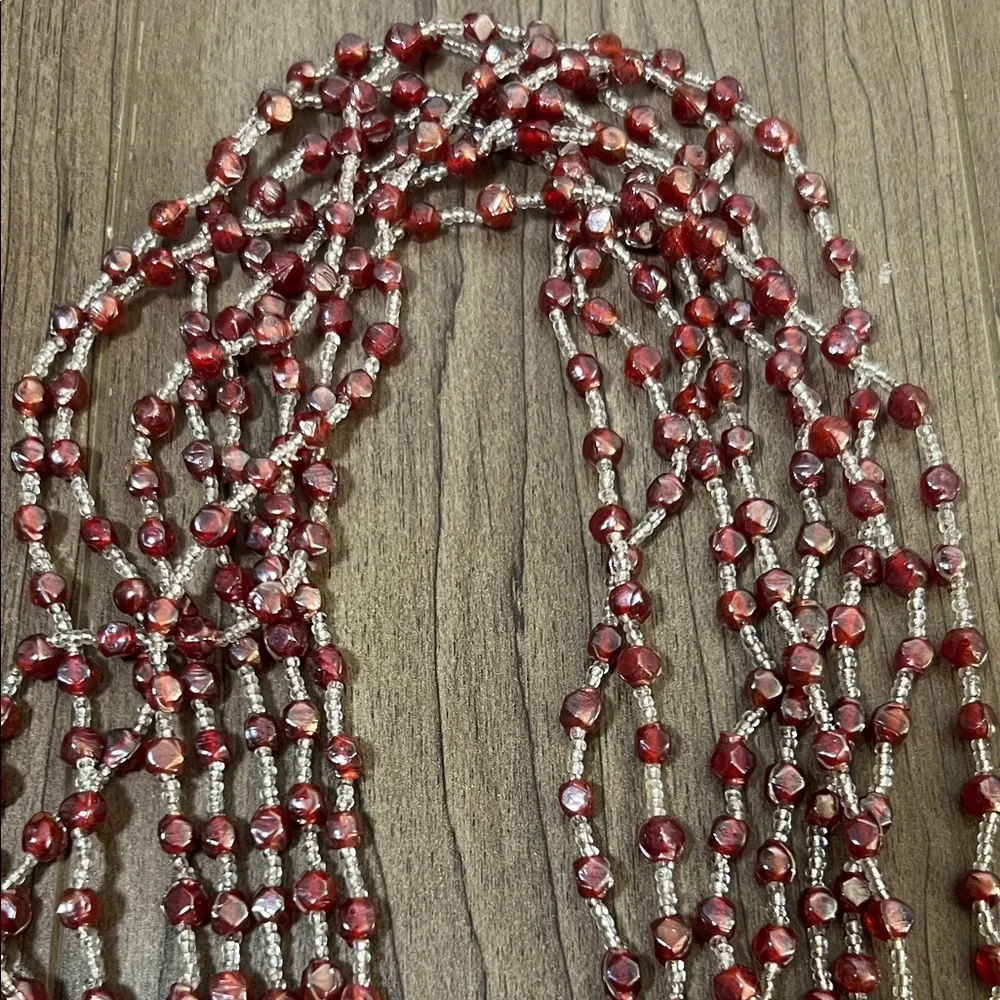 Multi-Strand Red Beaded Necklace with Silver Accent
